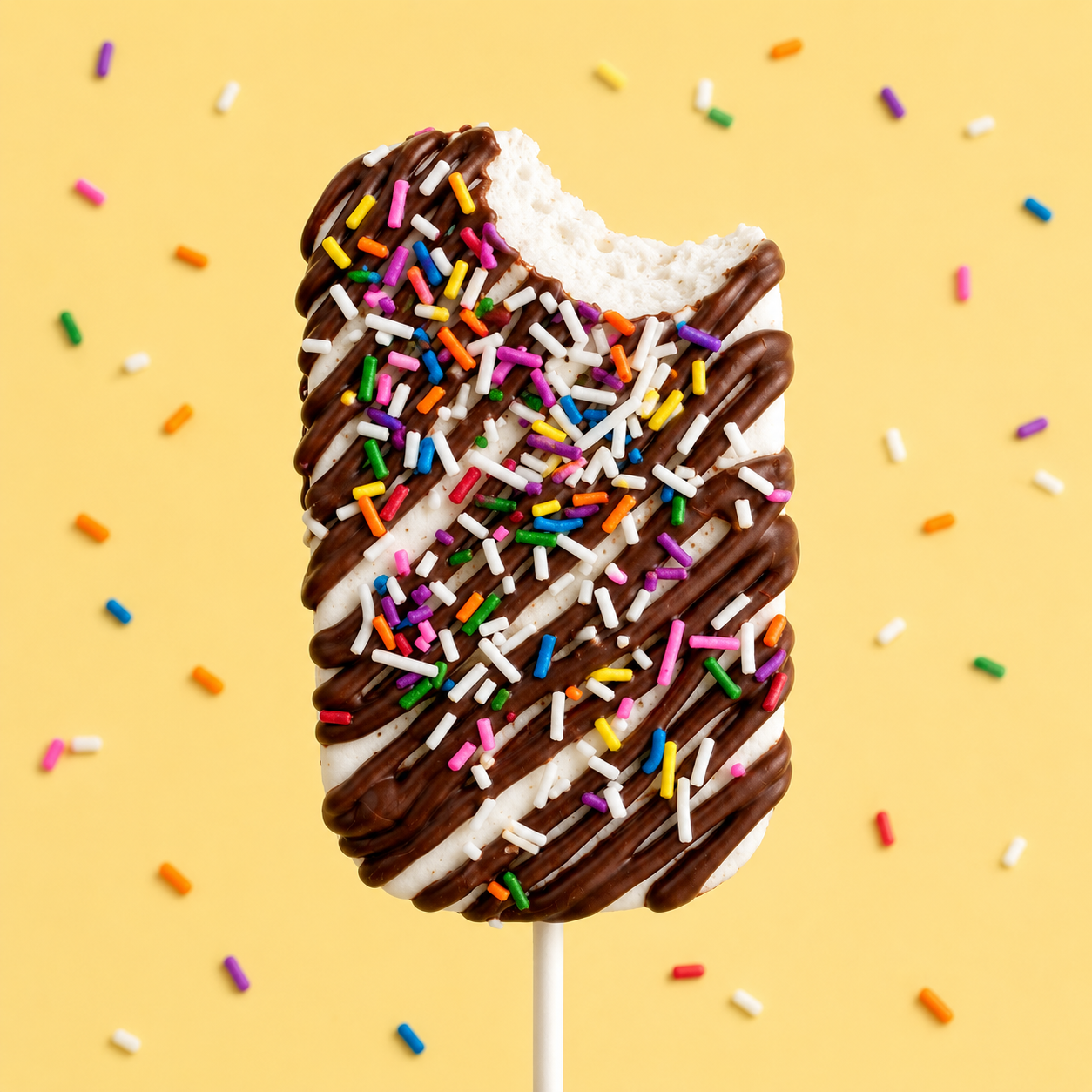 Inside of a bitten vanilla bean marshmallow pop with milk chocolate drizzle and colourful sprinkles