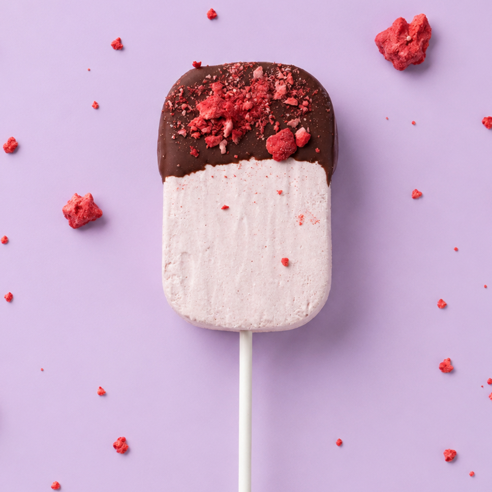 Strawberry marshmallow dipped in milk chocolate and topped with freeze dried strawberries.