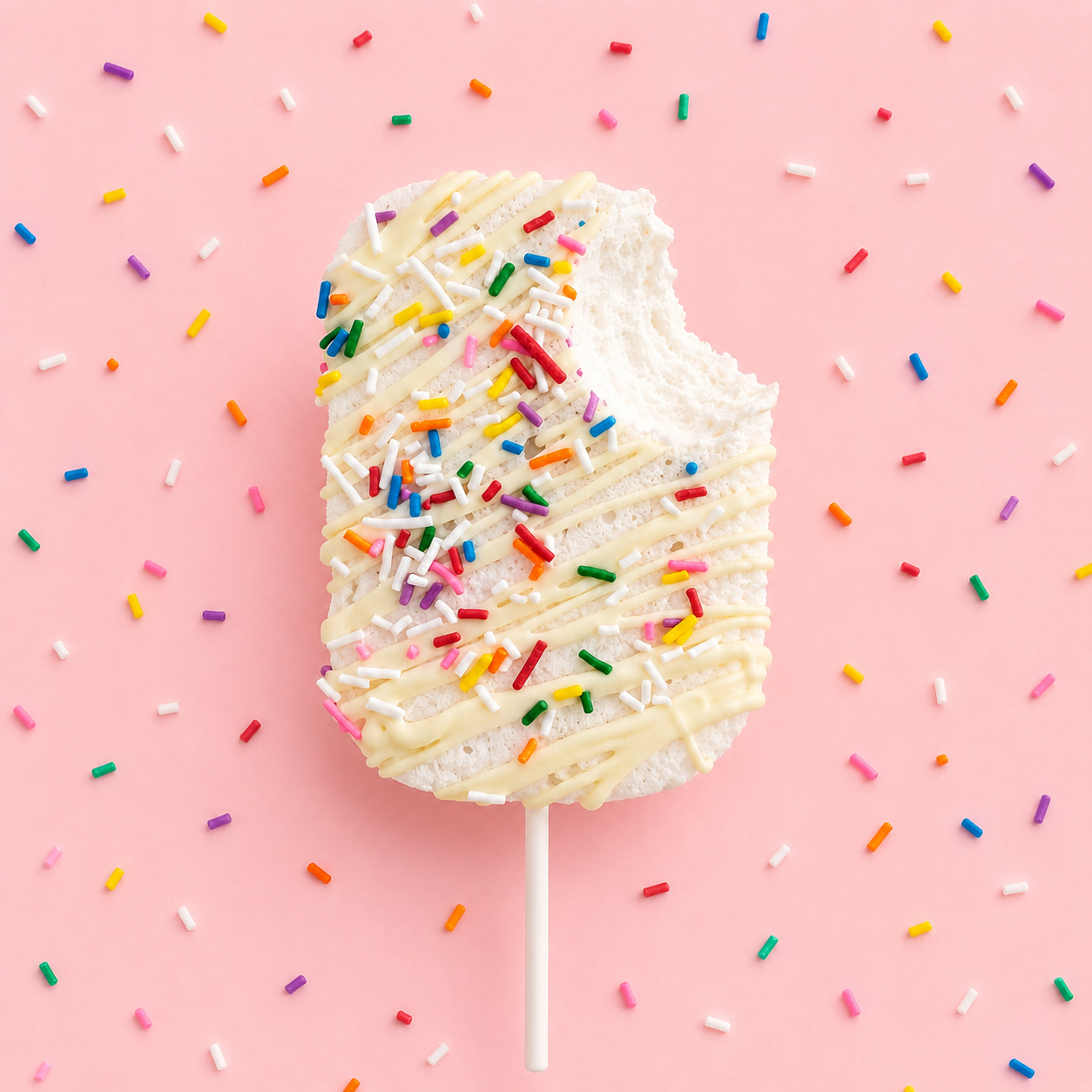 Inside of a bitten vanilla bean marshmallow pop with white chocolate drizzle and colourful sprinkles