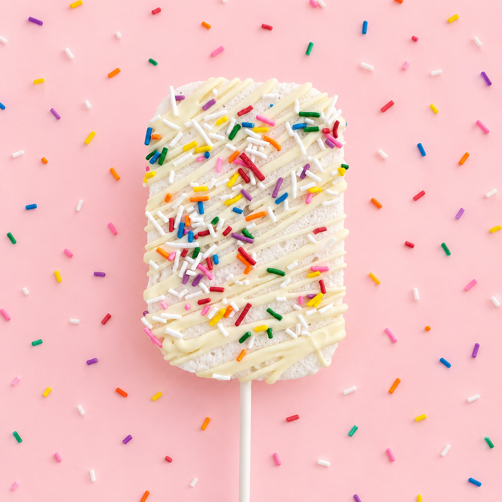 It’s My Party gourmet marshmallow pop with white chocolate drizzle and rainbow sprinkles
