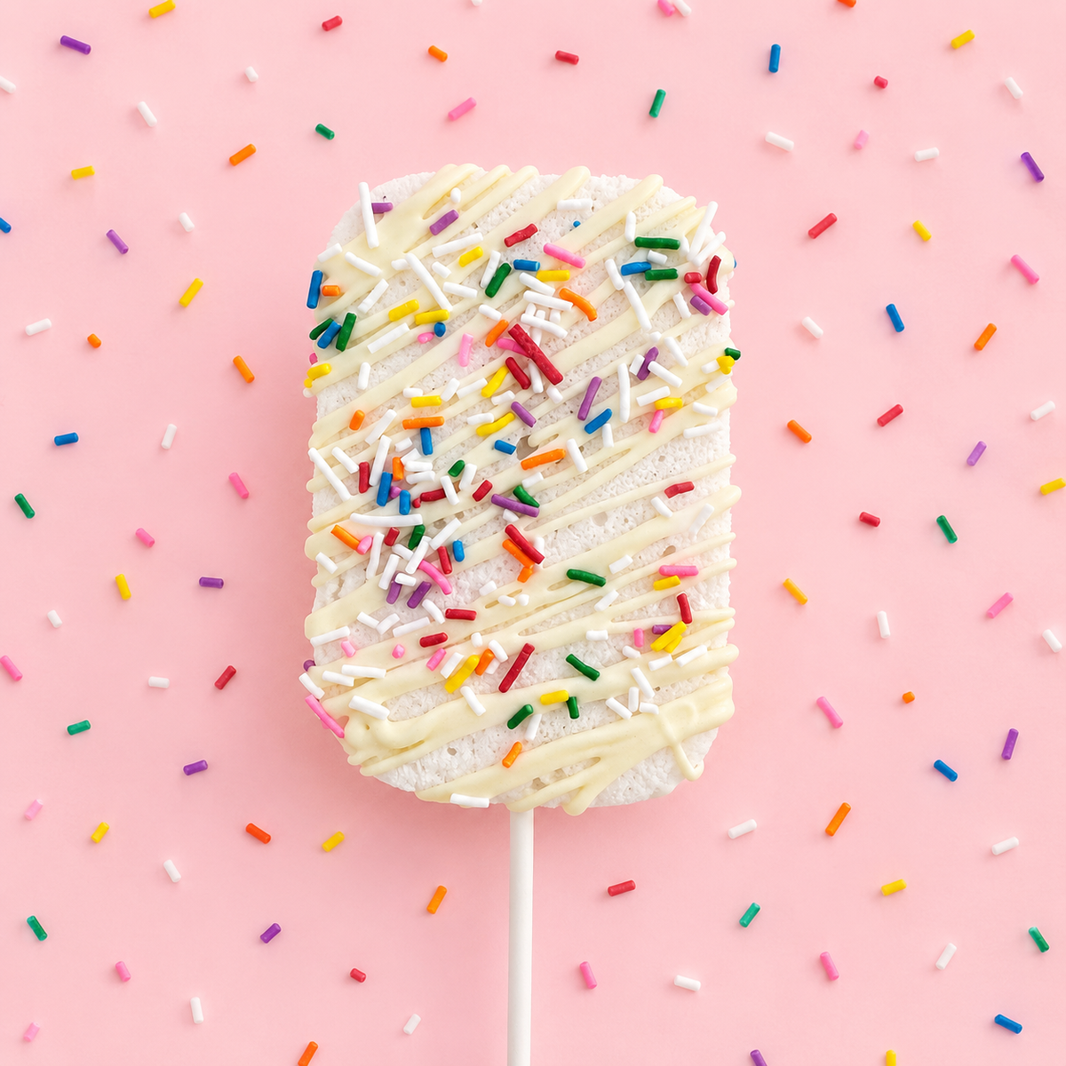 It’s My Party gourmet marshmallow pop with white chocolate drizzle and rainbow sprinkles