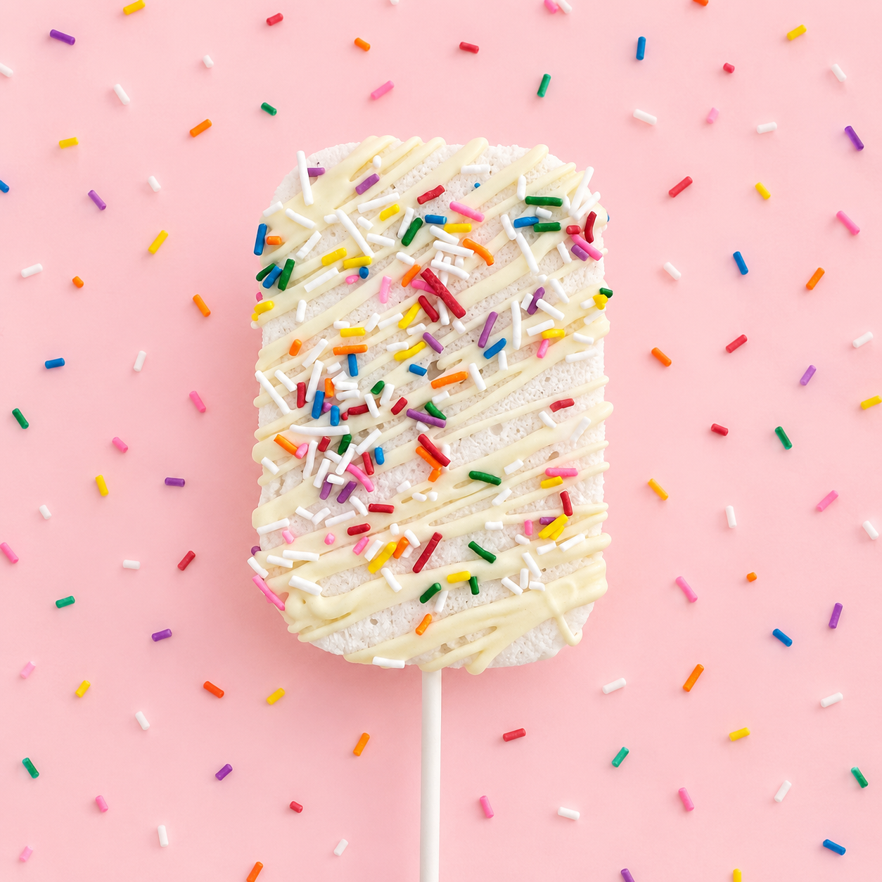 It’s My Party gourmet marshmallow pop with white chocolate drizzle and rainbow sprinkles