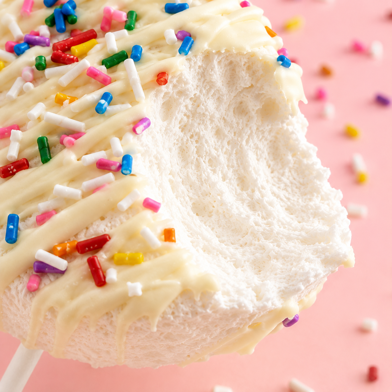 Close-up of a vanilla bean marshmallow pop topped with white chocolate drizzle and rainbow sprinkles