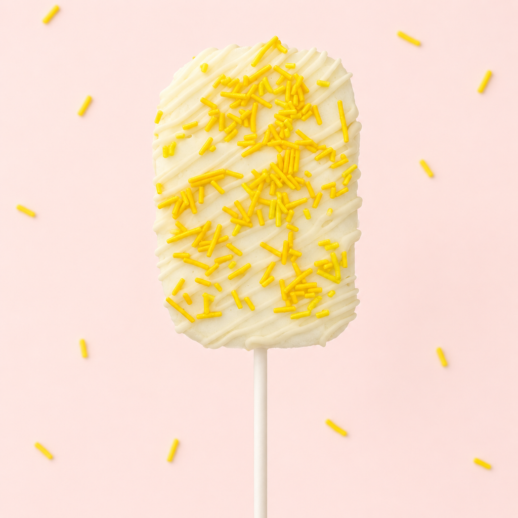 Main Squeeze lemon vanilla gourmet marshmallow pop with white chocolate drizzle and yellow sprinkles