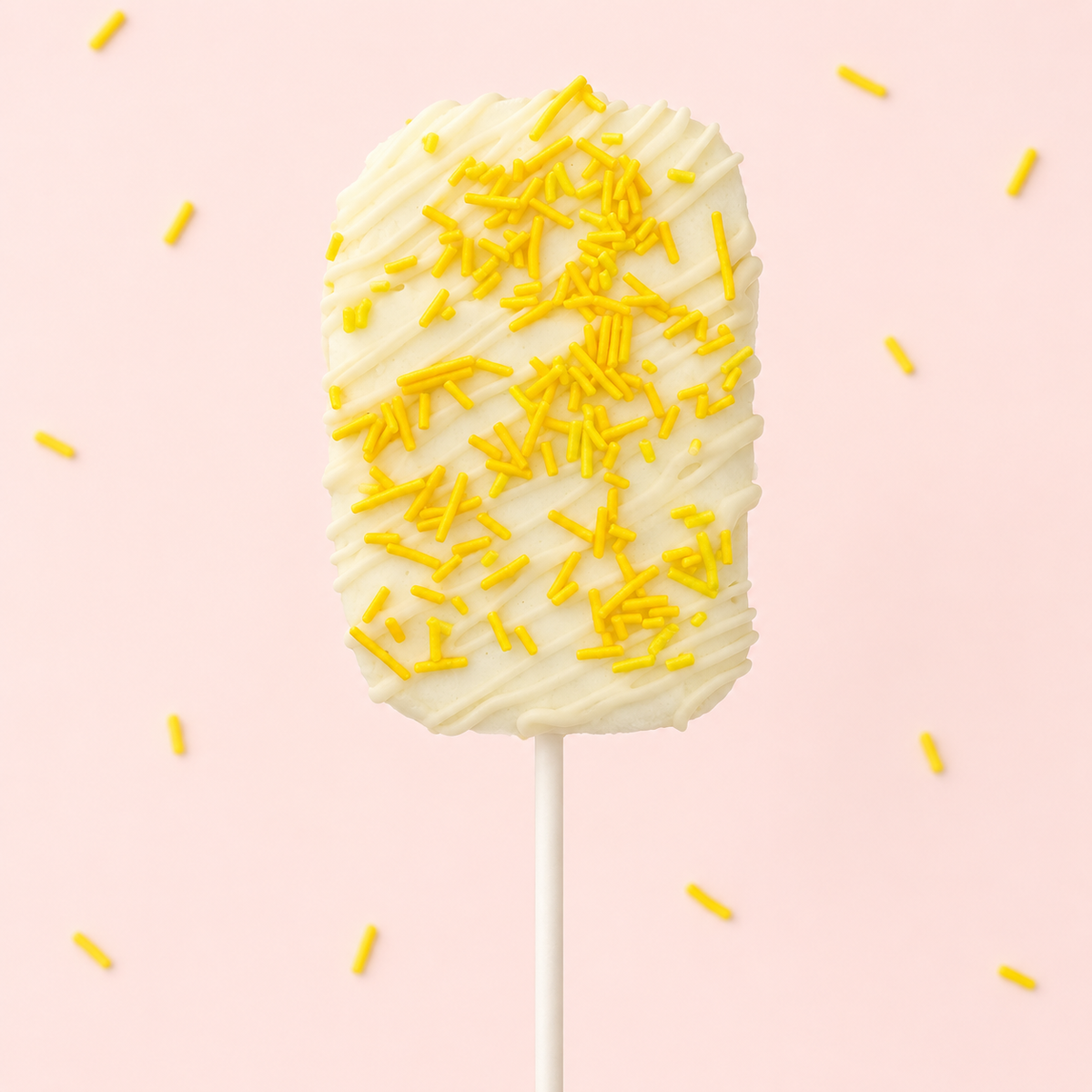 Main Squeeze lemon vanilla gourmet marshmallow pop with white chocolate drizzle and yellow sprinkles