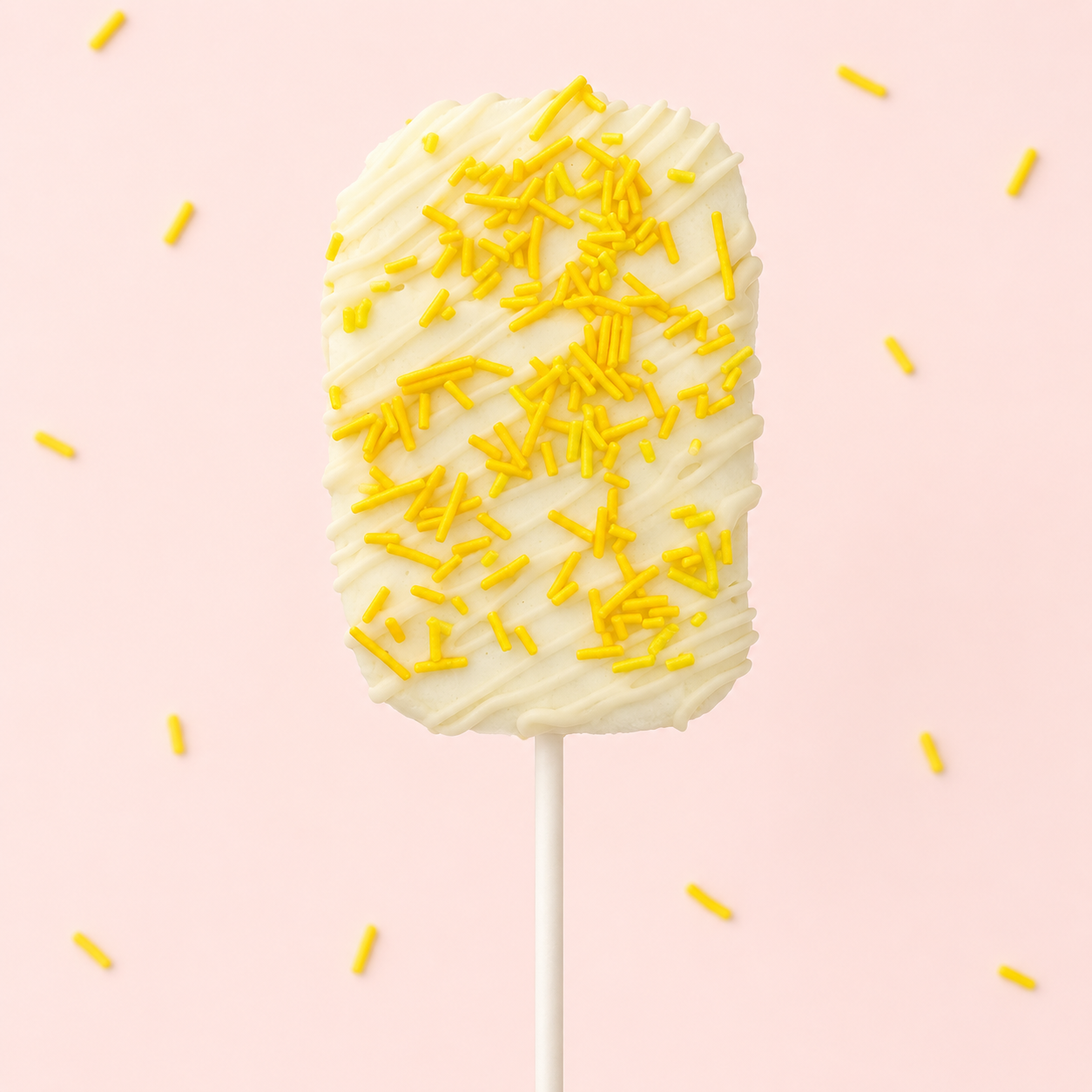 Main Squeeze lemon vanilla gourmet marshmallow pop with white chocolate drizzle and yellow sprinkles