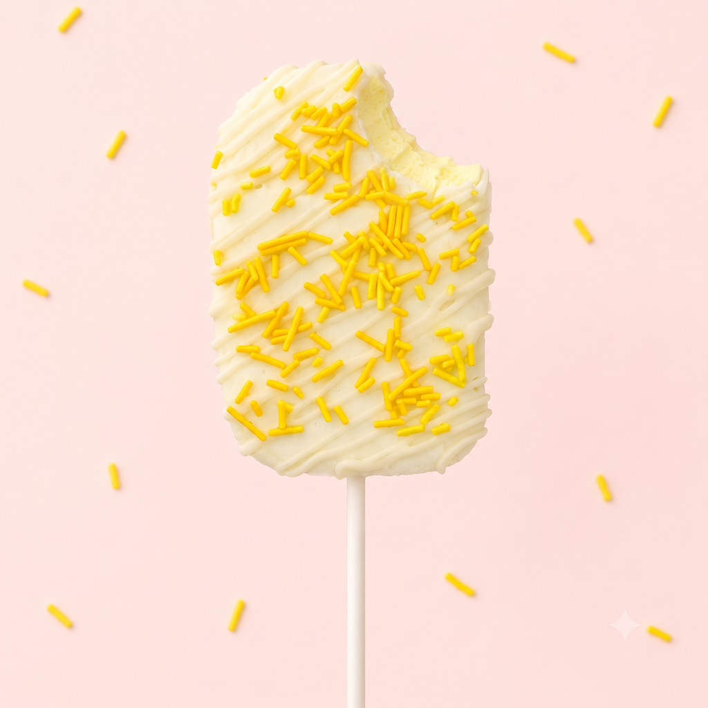 Inside of a bitten lemon vanilla marshmallow pop with white chocolate drizzle and yellow sprinkles