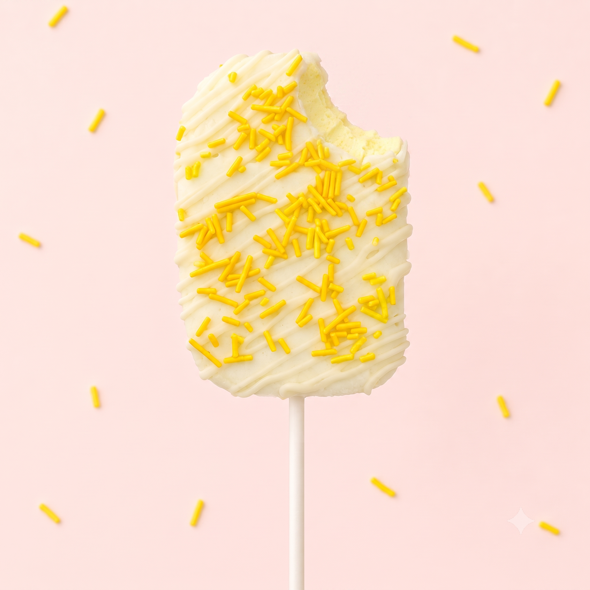 Inside of a bitten lemon vanilla marshmallow pop with white chocolate drizzle and yellow sprinkles