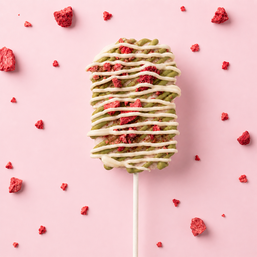 Matcha white chocolate drizzle on a strawberry marshmallow pop