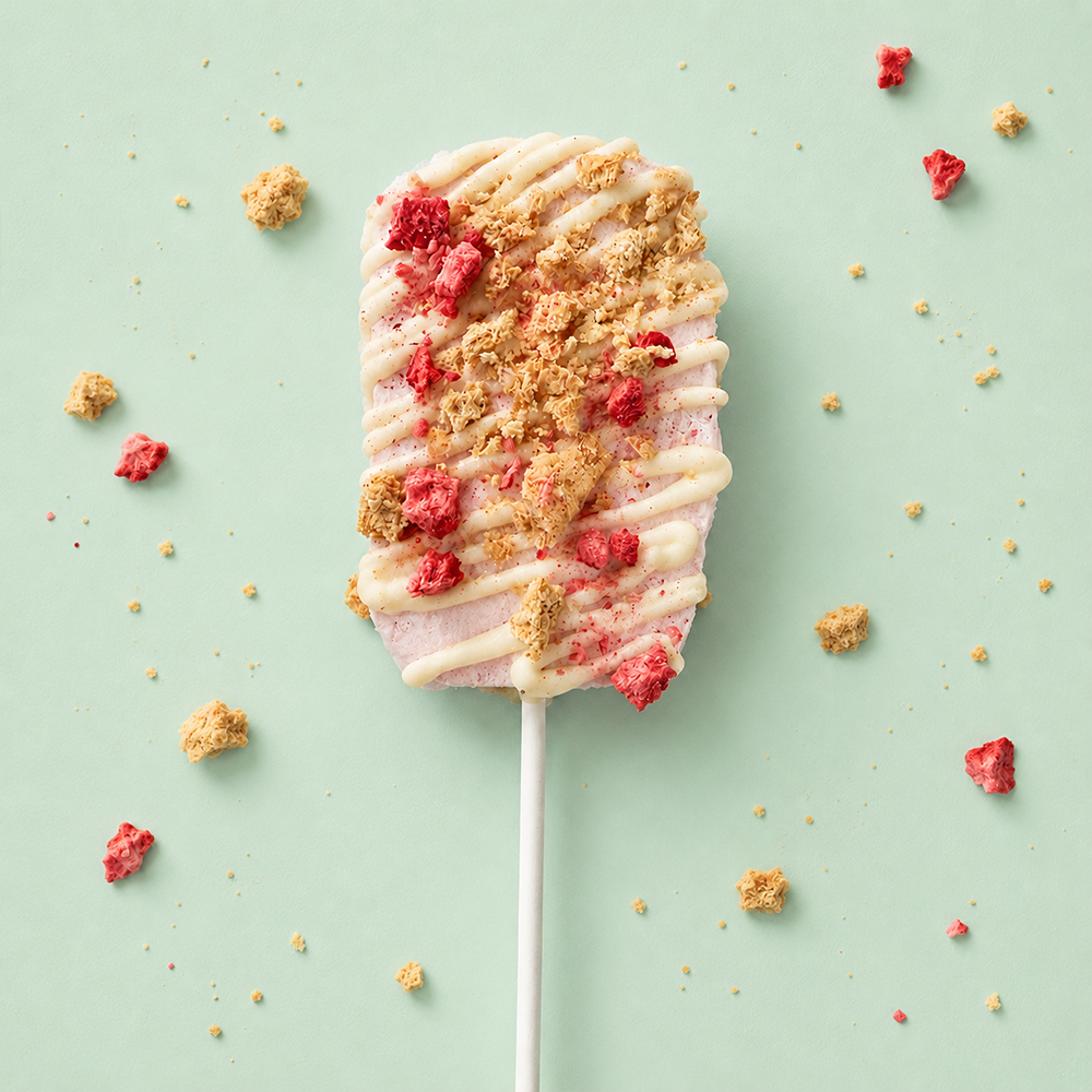Strawberry marshmallow stopped with white chocolate drizzle, freeze dried strawberries and graham cracker crumble.