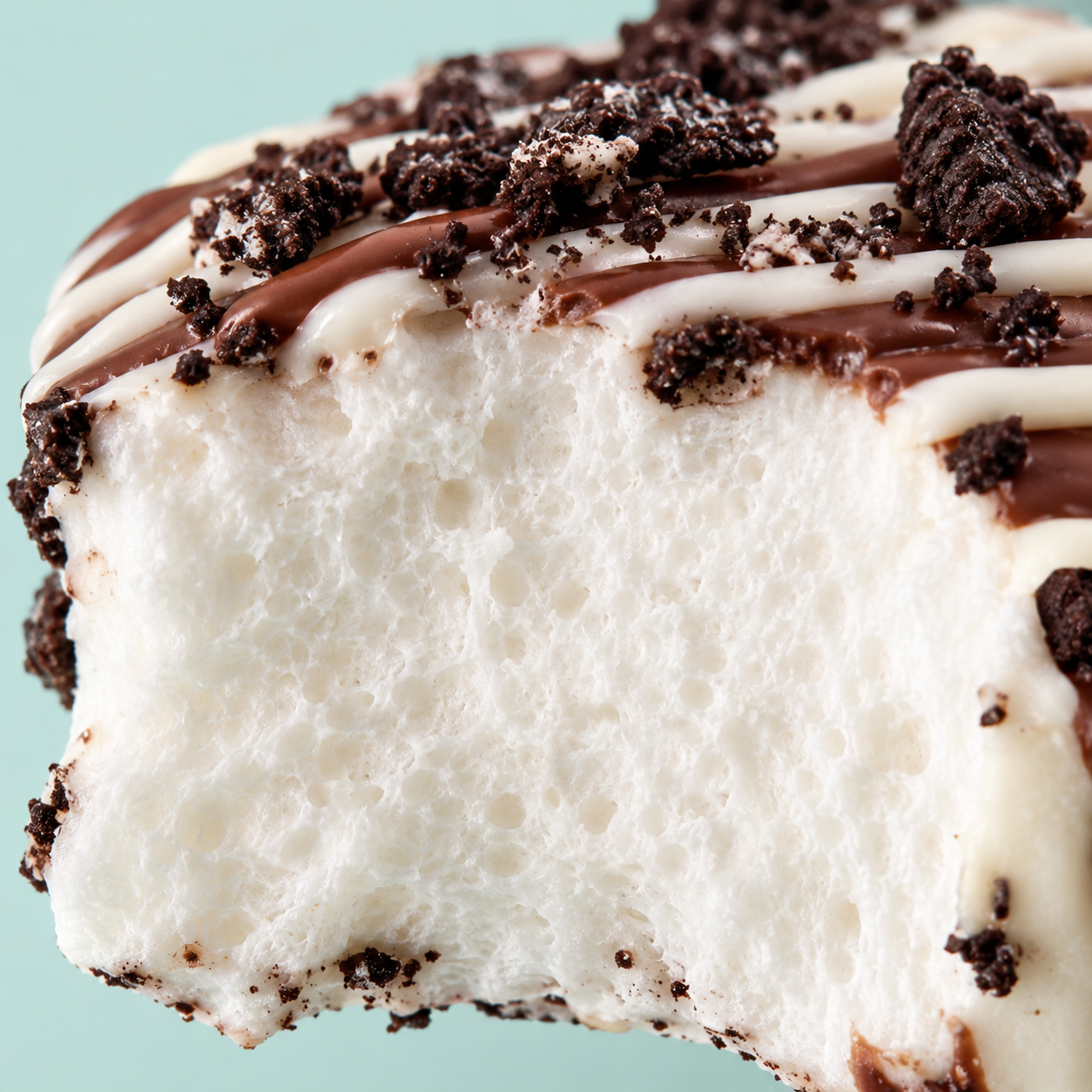 Close-up of a vanilla bean marshmallow pop covered in chocolate drizzle and cookie crumble
